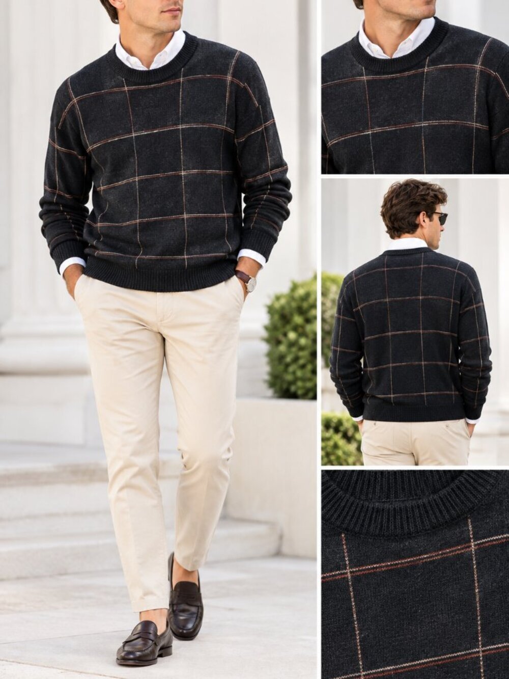Vintage Pronto Uomo Preppy Crew Neck Sweater size L Black, Rust & Tan Office